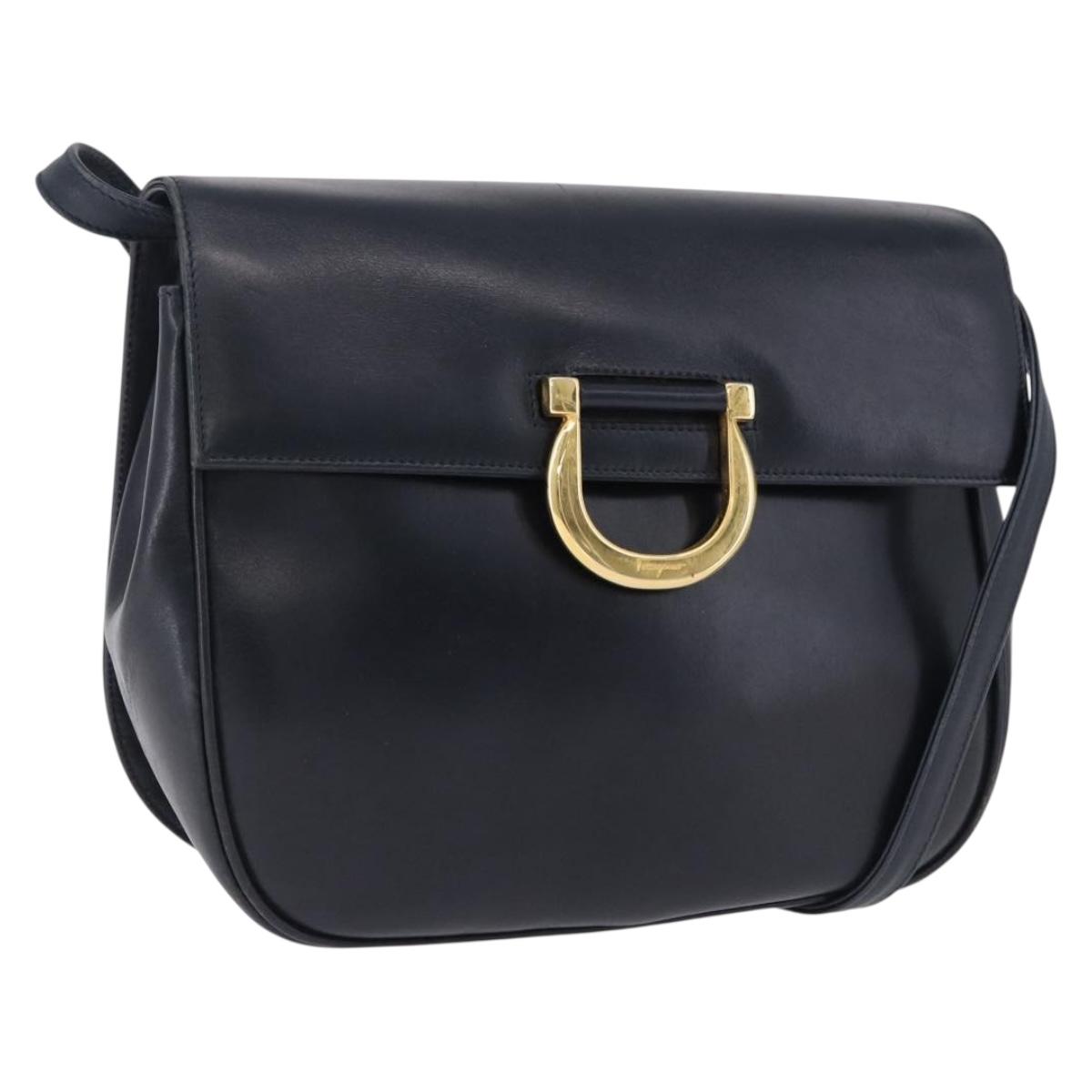 Salvatore Ferragamo Gancini Shoulder Bag Leather Navy Gold Tone Auth BA14636