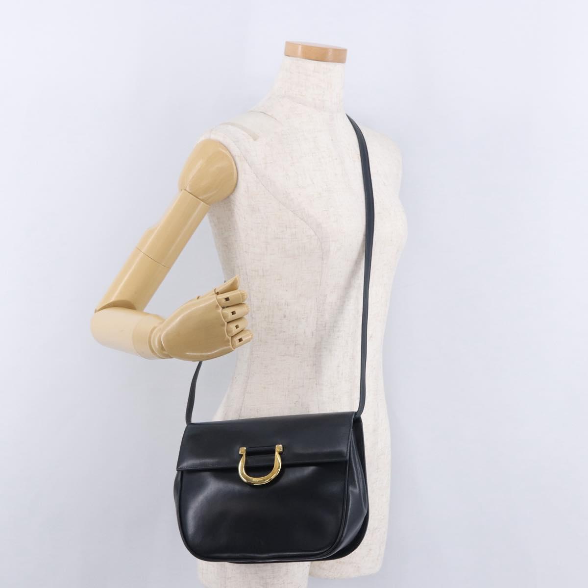Salvatore Ferragamo Gancini Shoulder Bag Leather Navy Gold Tone Auth BA14636