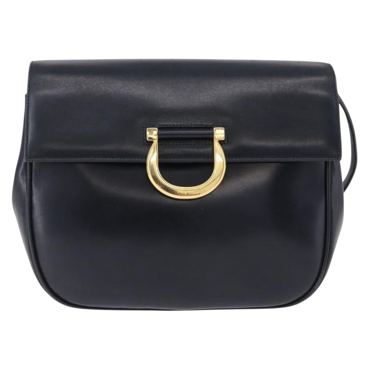 Salvatore Ferragamo Gancini Shoulder Bag Leather Navy Gold Tone Auth BA14636