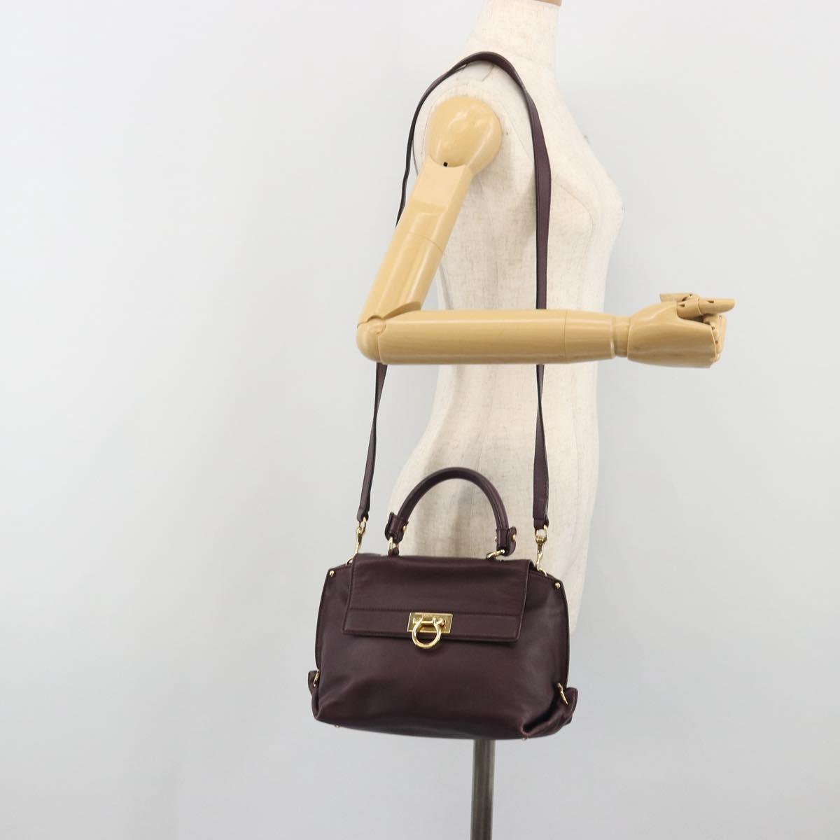 Salvatore Ferragamo Gancini Hand Bag Leather 2way Purple Gold Tone Auth BA14650A