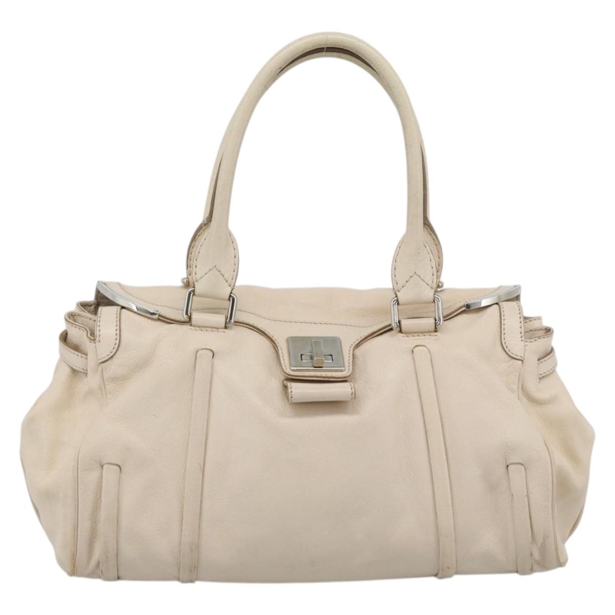 CELINE Hand Bag Leather Ivory Silver Auth BA14651