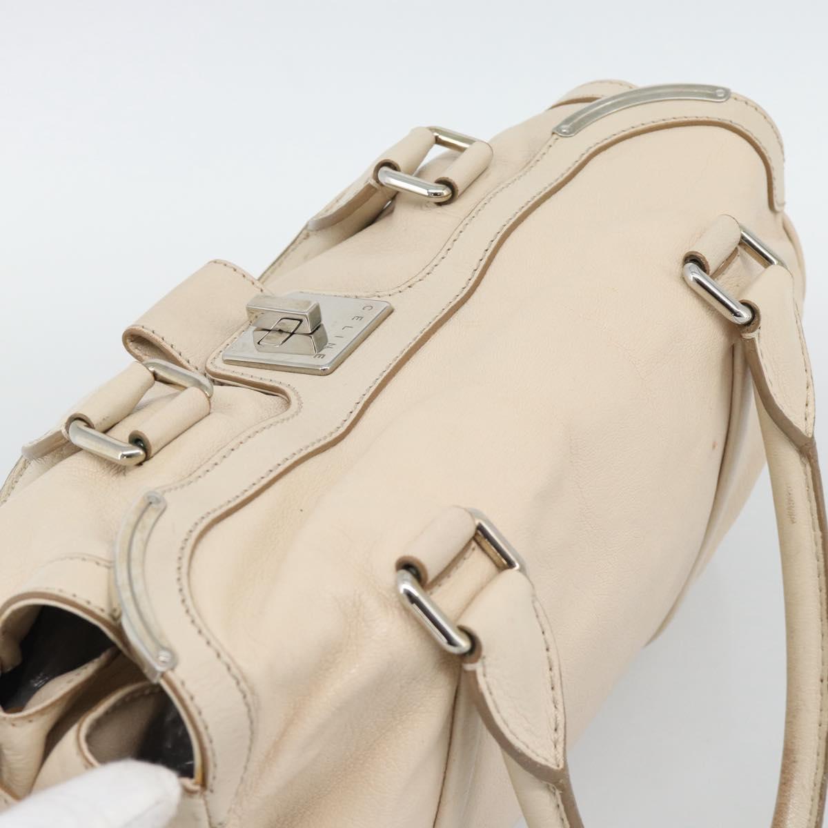 CELINE Hand Bag Leather Ivory Silver Auth BA14651