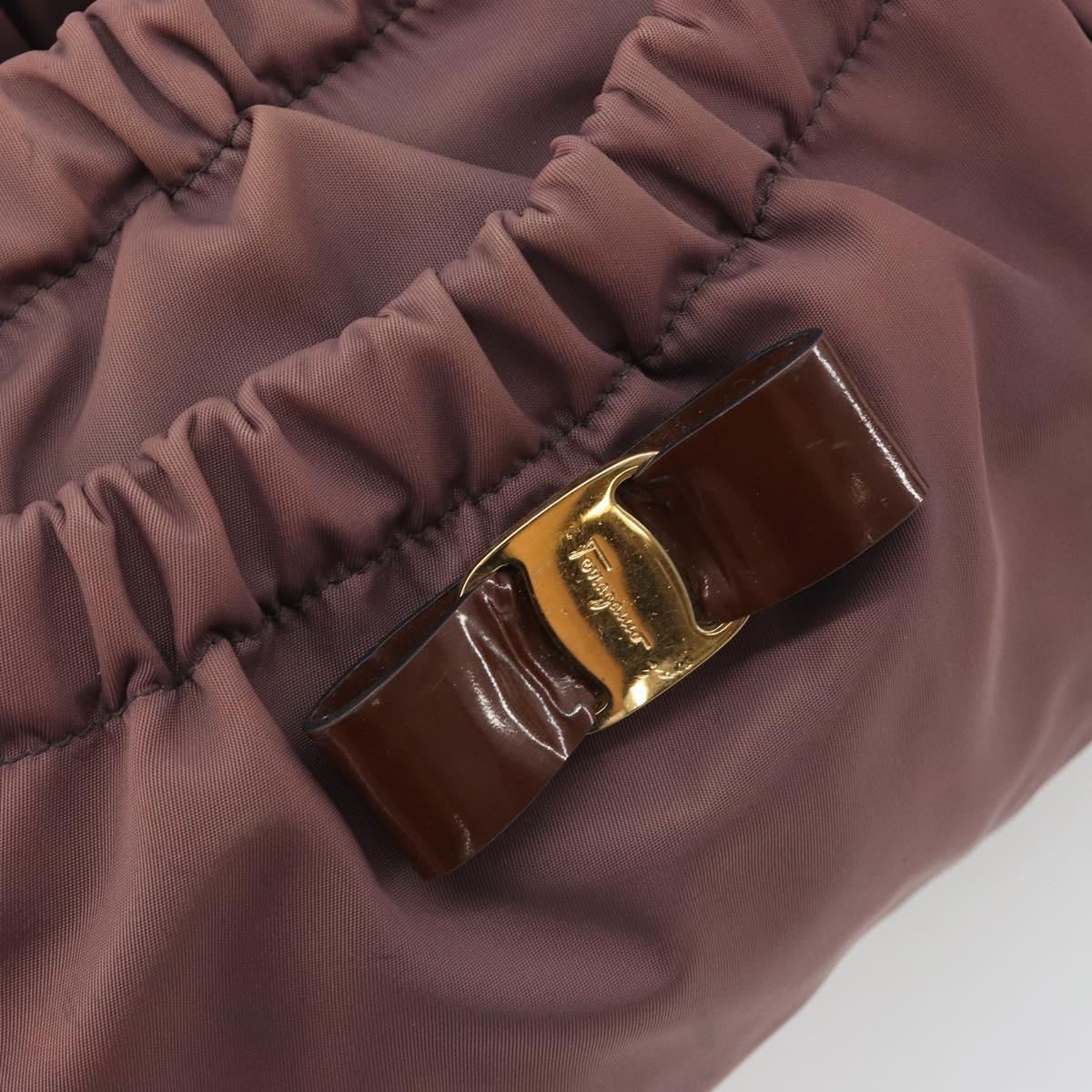 Salvatore Ferragamo Vala Hand Bag Nylon 2way Brown Gold Tone Auth BA14653