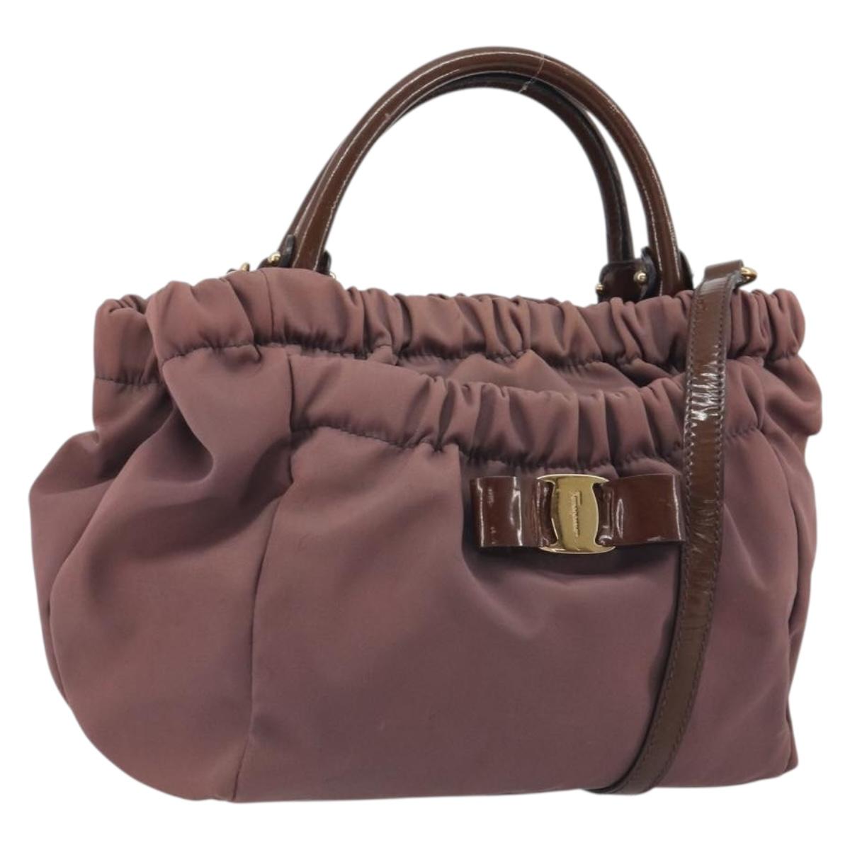 Salvatore Ferragamo Vala Hand Bag Nylon 2way Brown Gold Tone Auth BA14653