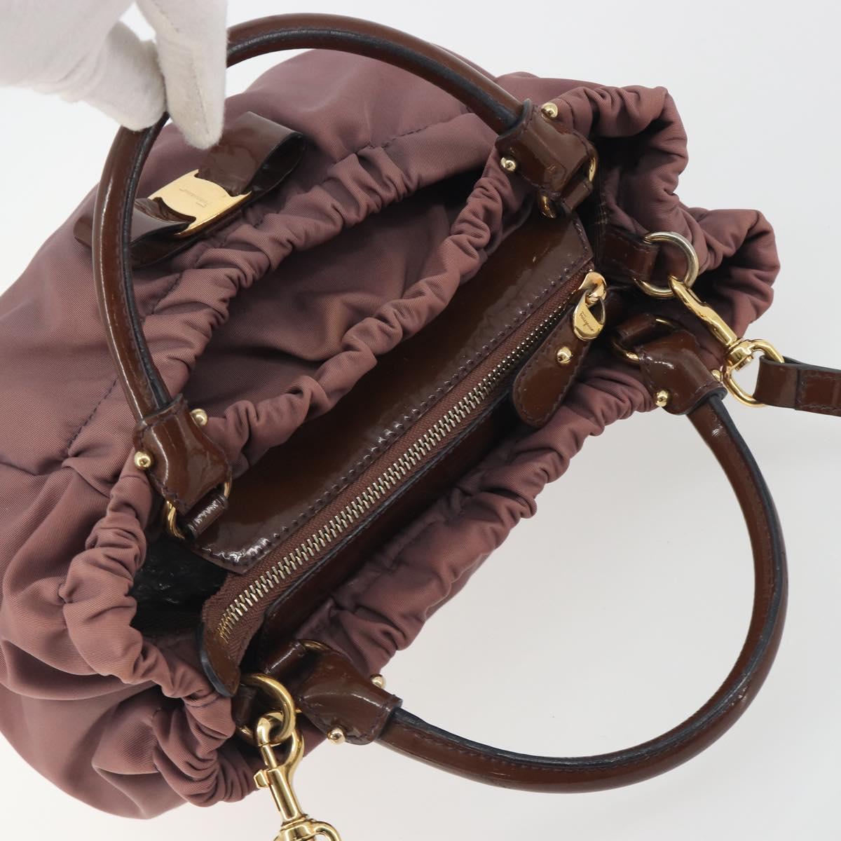 Salvatore Ferragamo Vala Hand Bag Nylon 2way Brown Gold Tone Auth BA14653
