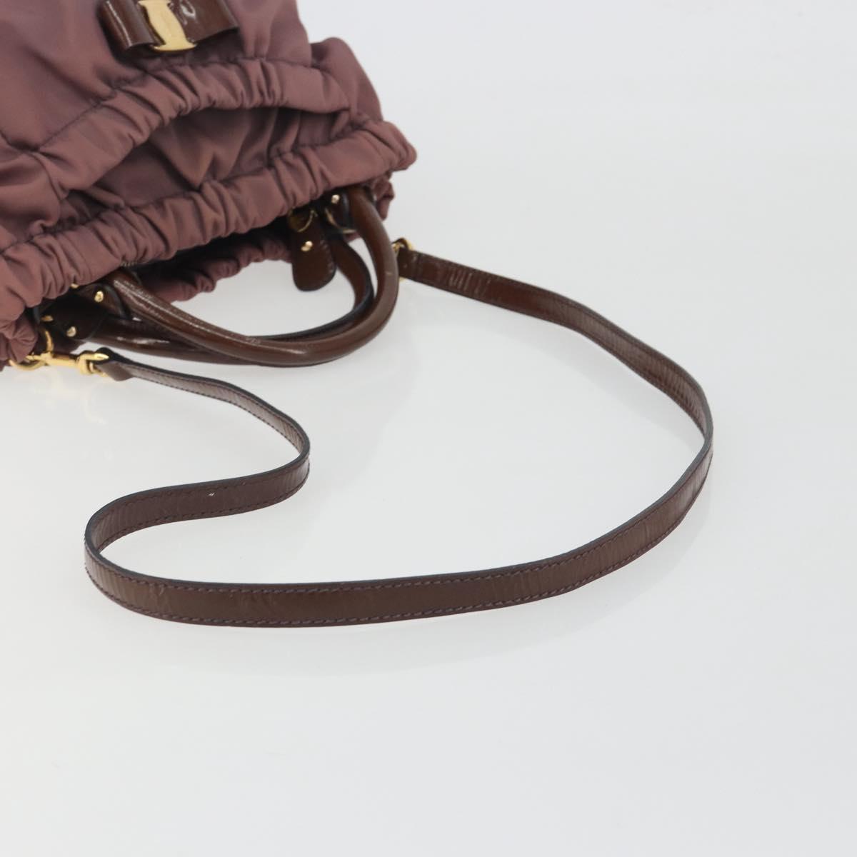 Salvatore Ferragamo Vala Hand Bag Nylon 2way Brown Gold Tone Auth BA14653