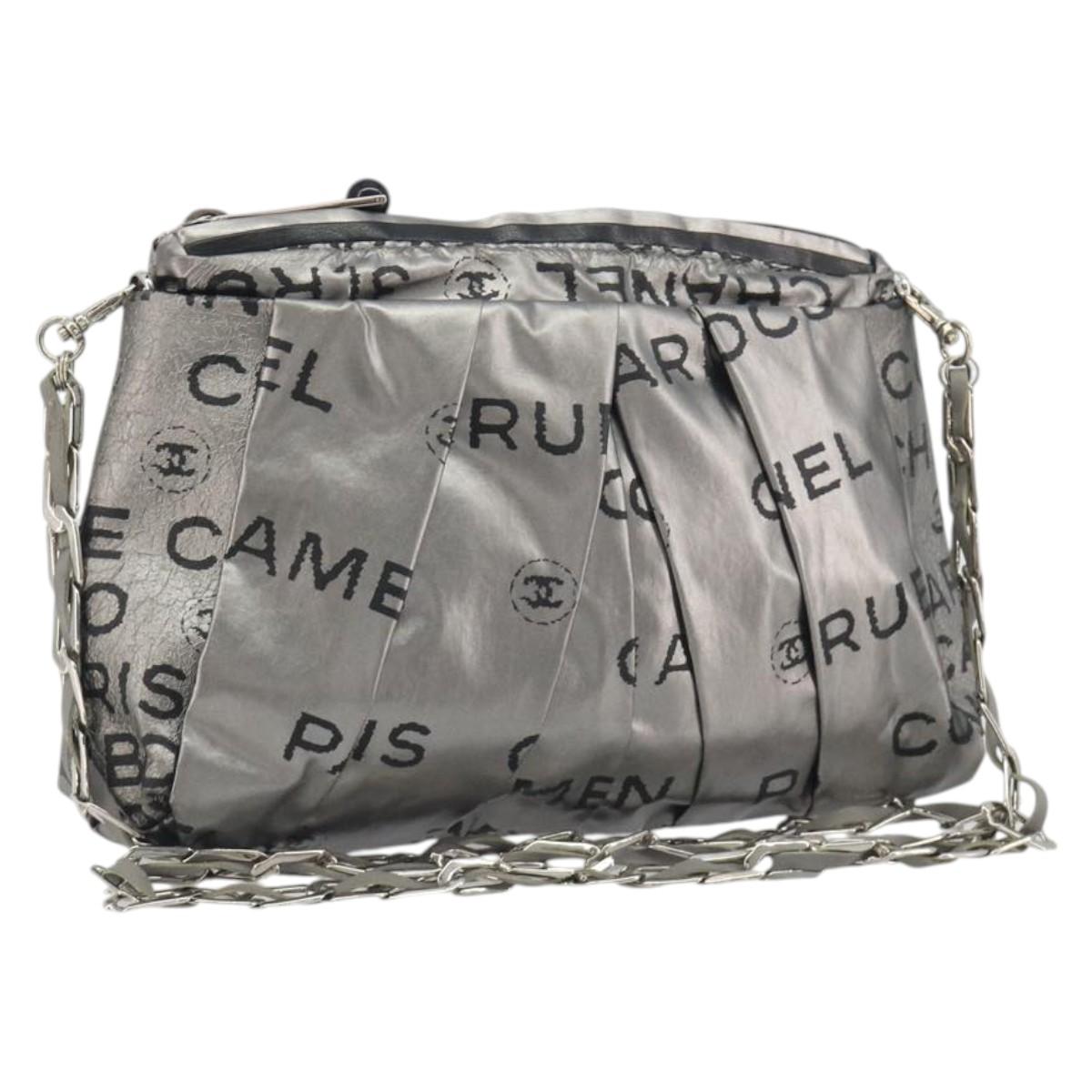 CHANEL Unlimited Chain Shoulder Bag Nylon Silver CC Auth BA14669V