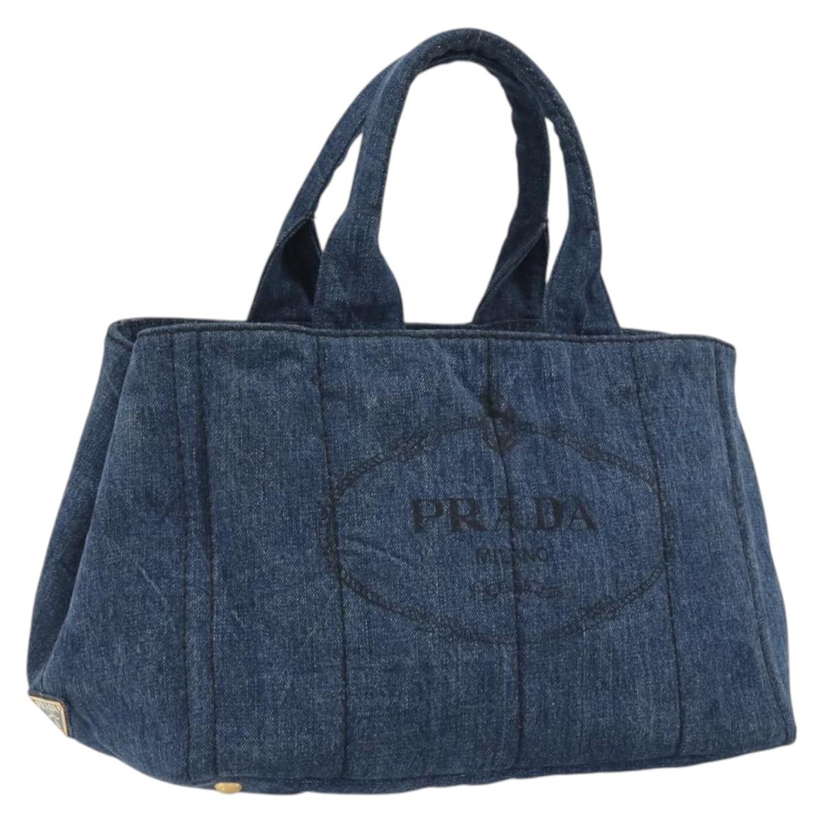 PRADA Canapa MM Hand Bag Denim Blue Auth BA14679A