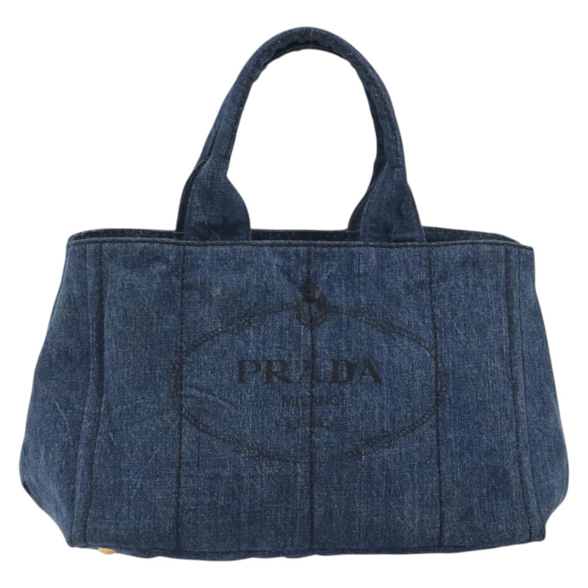 PRADA Canapa MM Hand Bag Denim Blue Auth BA14679A