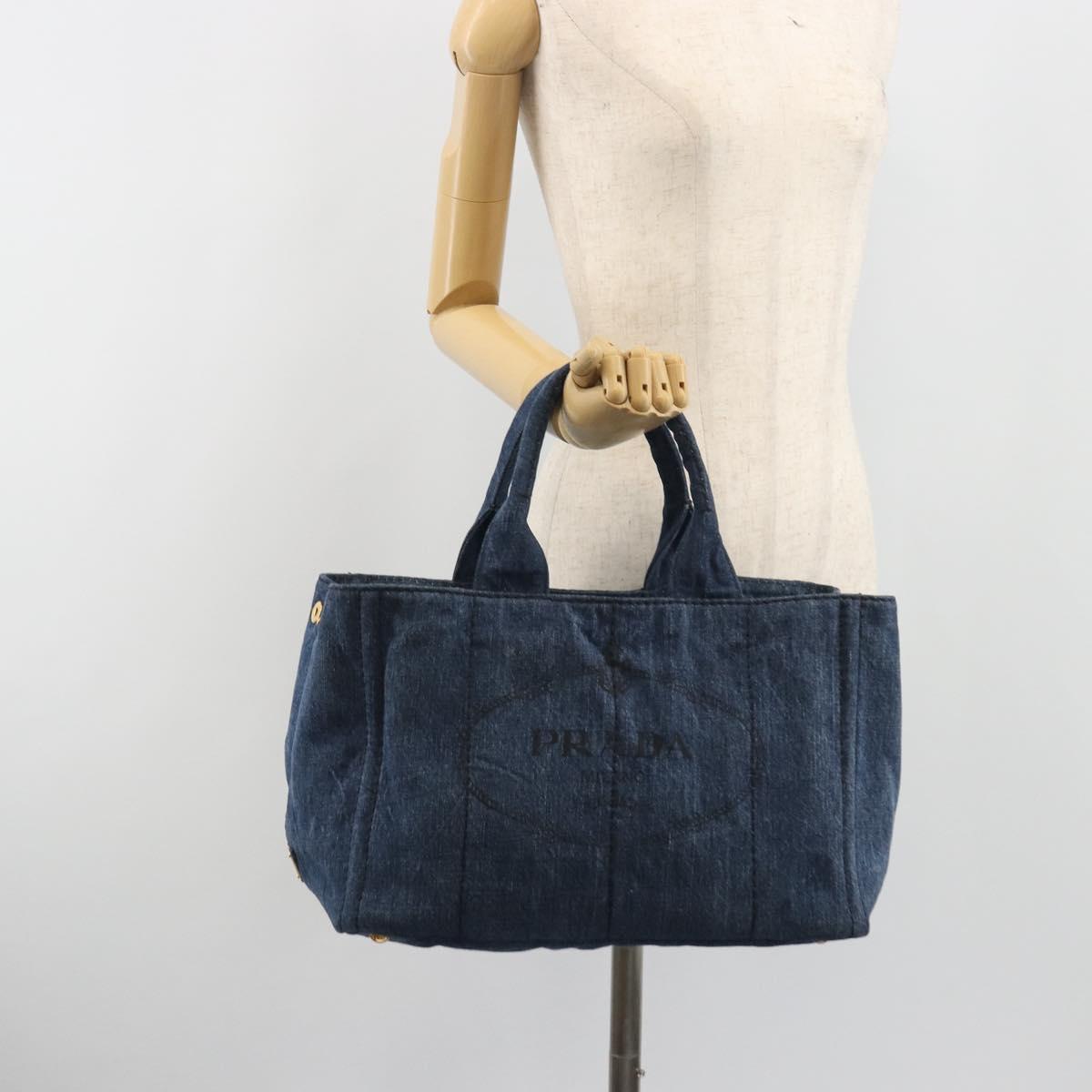 PRADA Canapa MM Hand Bag Denim Blue Auth BA14679A