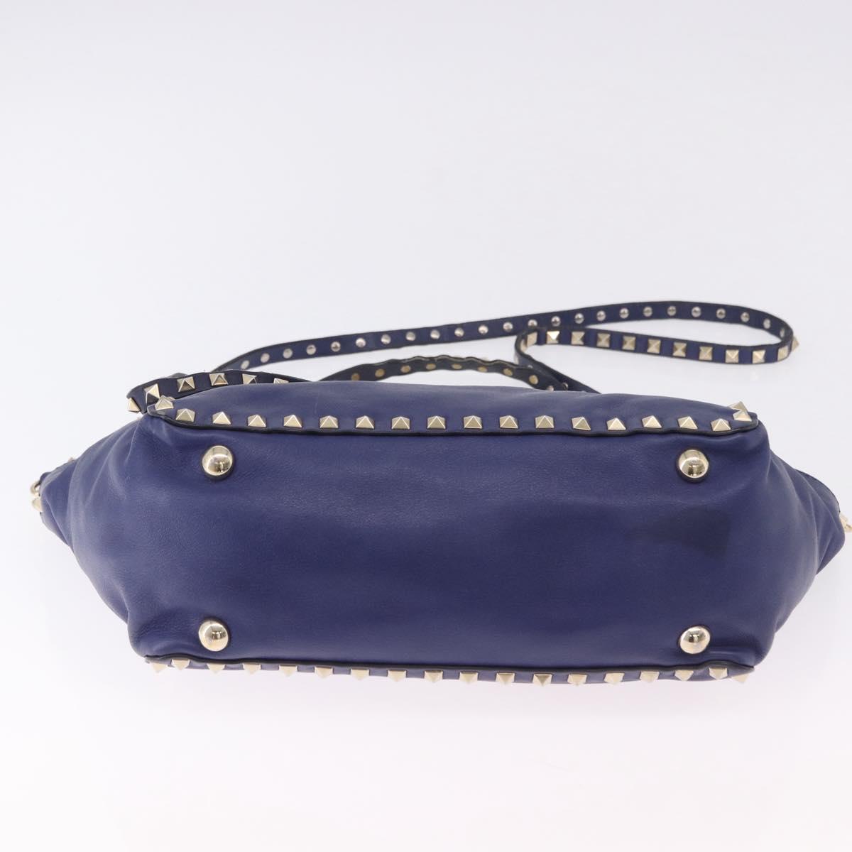 VALENTINO Studs Tote Bag Leather 2way Blue Gold Tone Auth BA14688