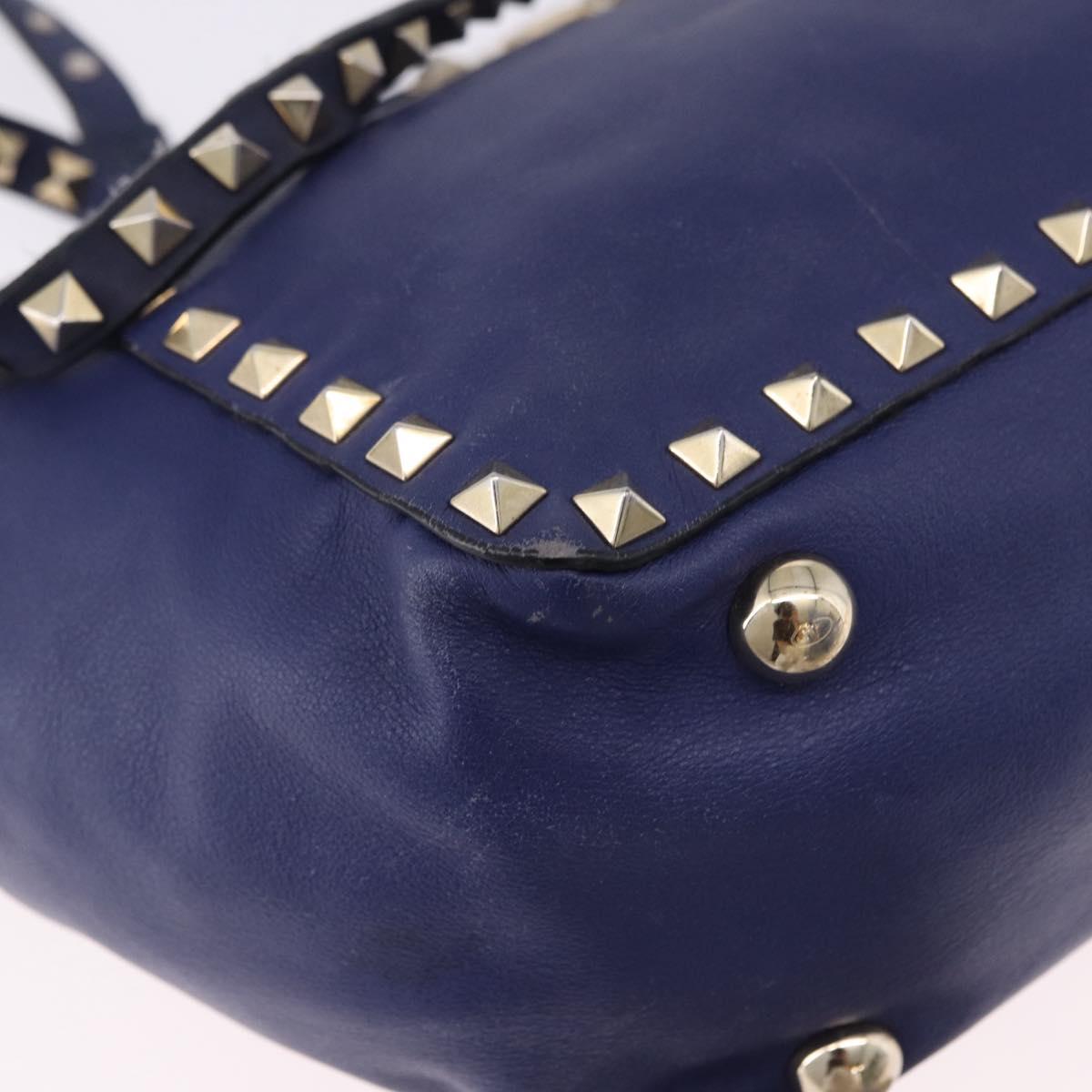 VALENTINO Studs Tote Bag Leather 2way Blue Gold Tone Auth BA14688