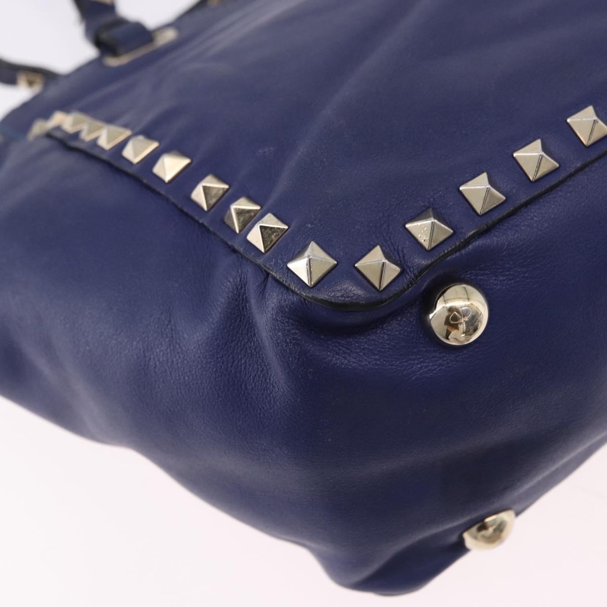 VALENTINO Studs Tote Bag Leather 2way Blue Gold Tone Auth BA14688