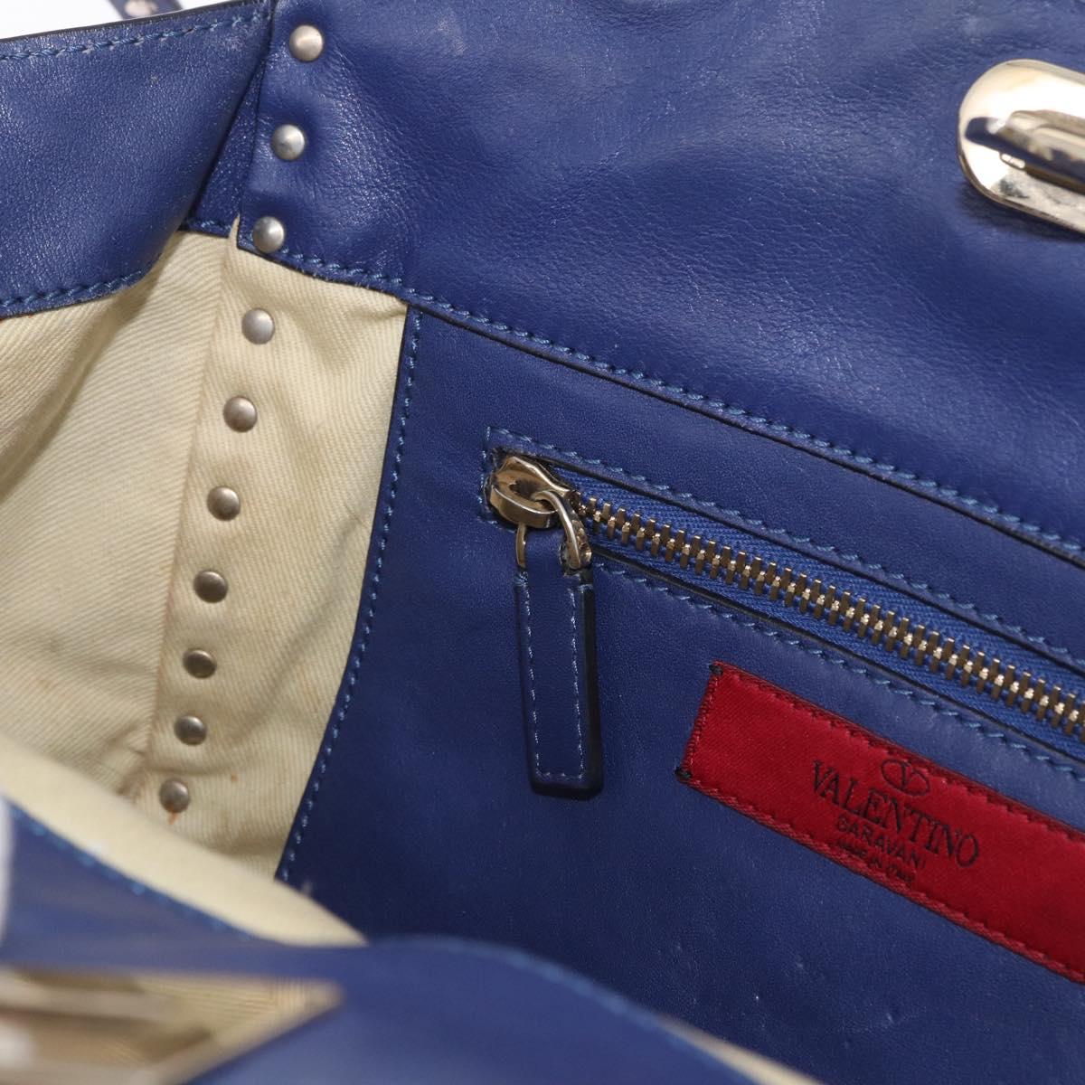 VALENTINO Studs Tote Bag Leather 2way Blue Gold Tone Auth BA14688