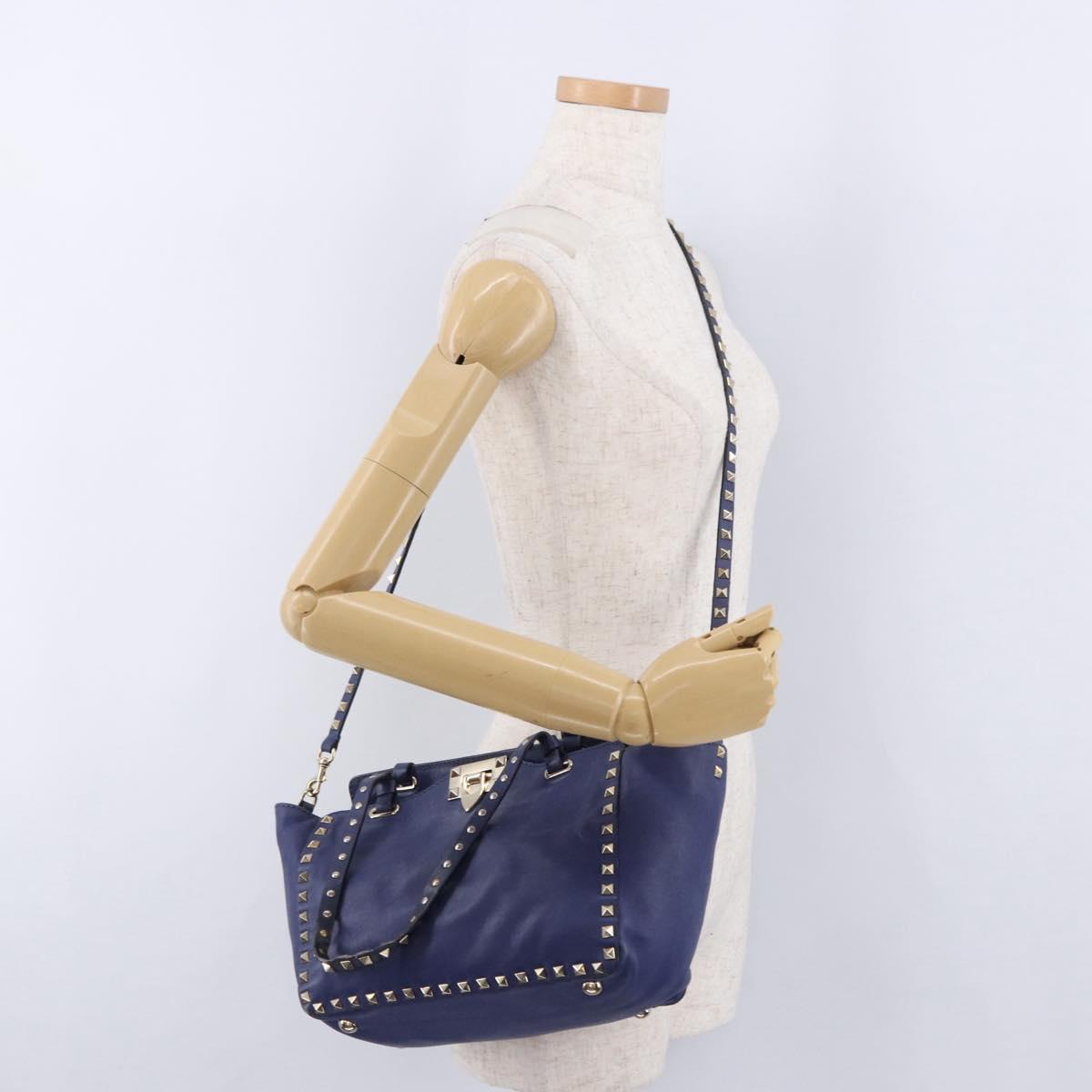 VALENTINO Studs Tote Bag Leather 2way Blue Gold Tone Auth BA14688