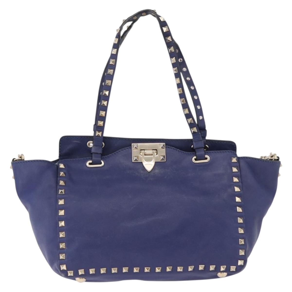 VALENTINO Studs Tote Bag Leather 2way Blue Gold Tone Auth BA14688