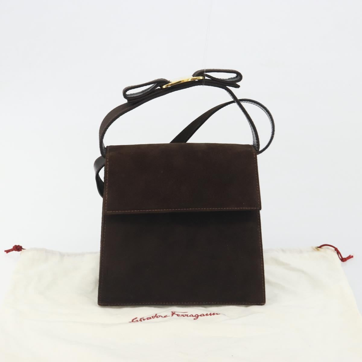 Salvatore Ferragamo Vala Shoulder Bag Suede 2way Brown Gold Tone Auth BA14706A