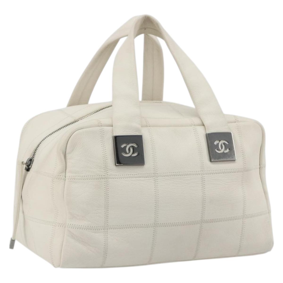 CHANEL Choco Bar Hand Bag Lamb Skin White Silver CC Auth BA14717A