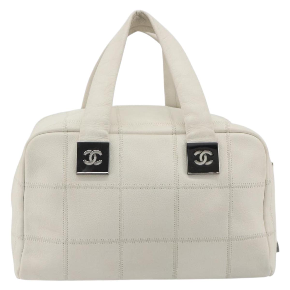 CHANEL Choco Bar Hand Bag Lamb Skin White Silver CC Auth BA14717A