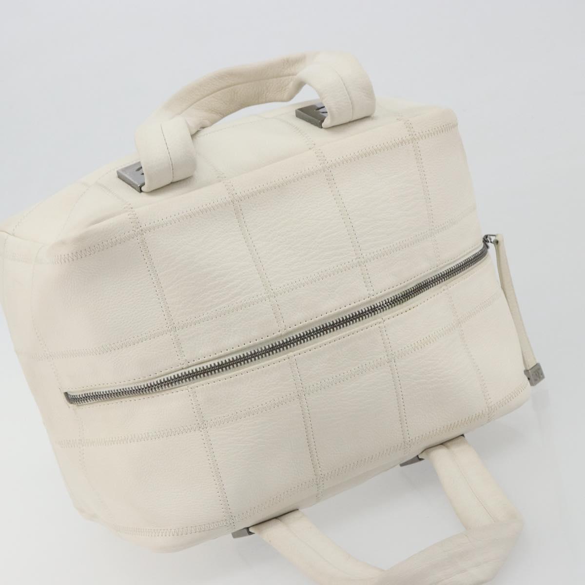 CHANEL Choco Bar Hand Bag Lamb Skin White Silver CC Auth BA14717A