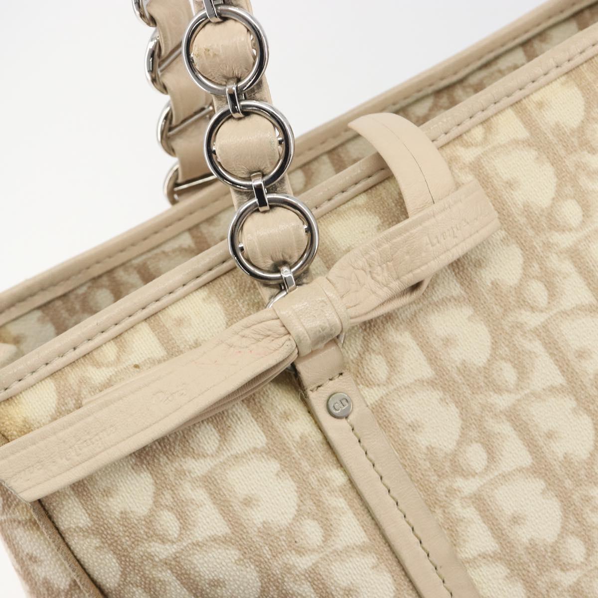 Christian Dior Romantic Chain Tote Bag PVC Leather Beige Silver Auth BA14725
