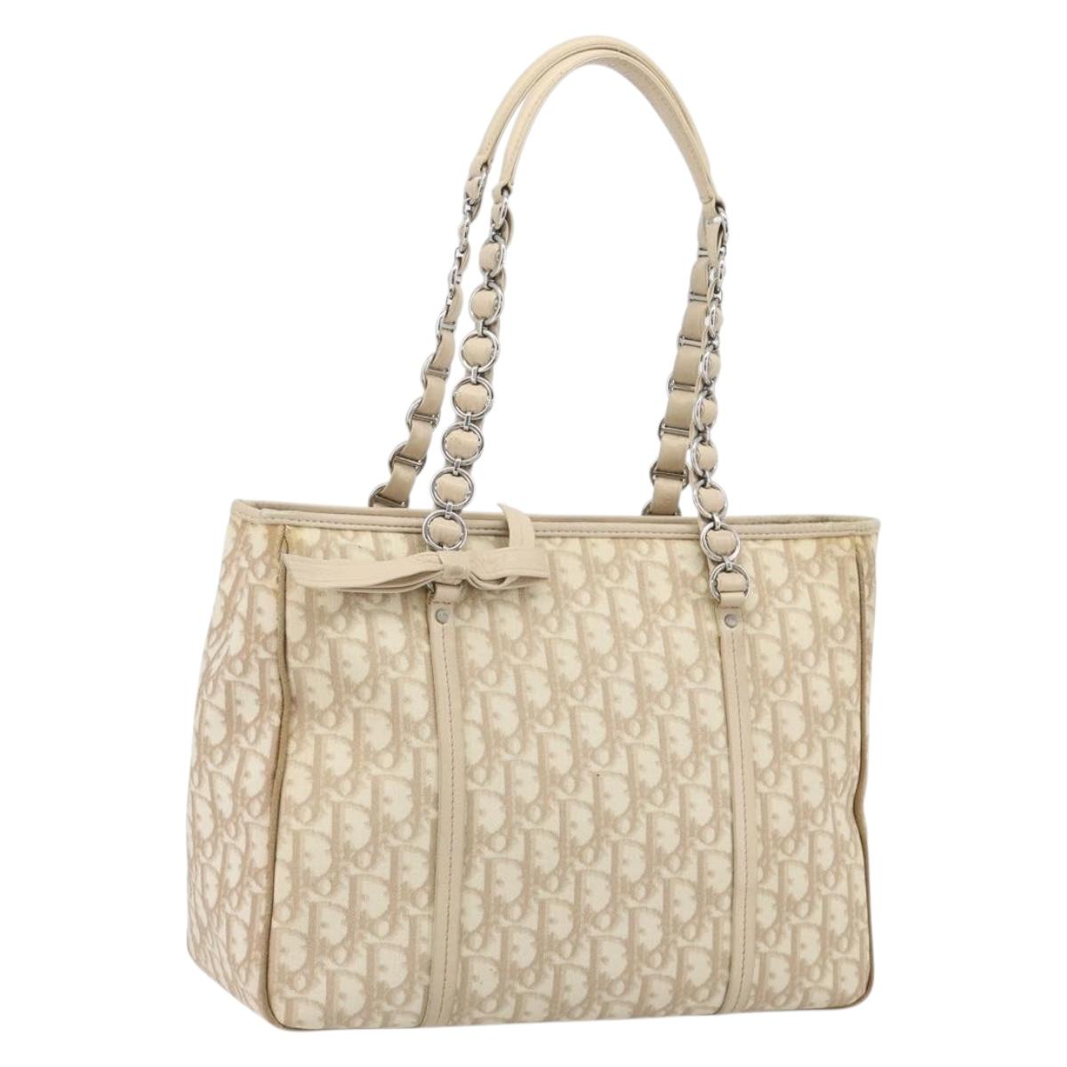 Christian Dior Romantic Chain Tote Bag PVC Leather Beige Silver Auth BA14725