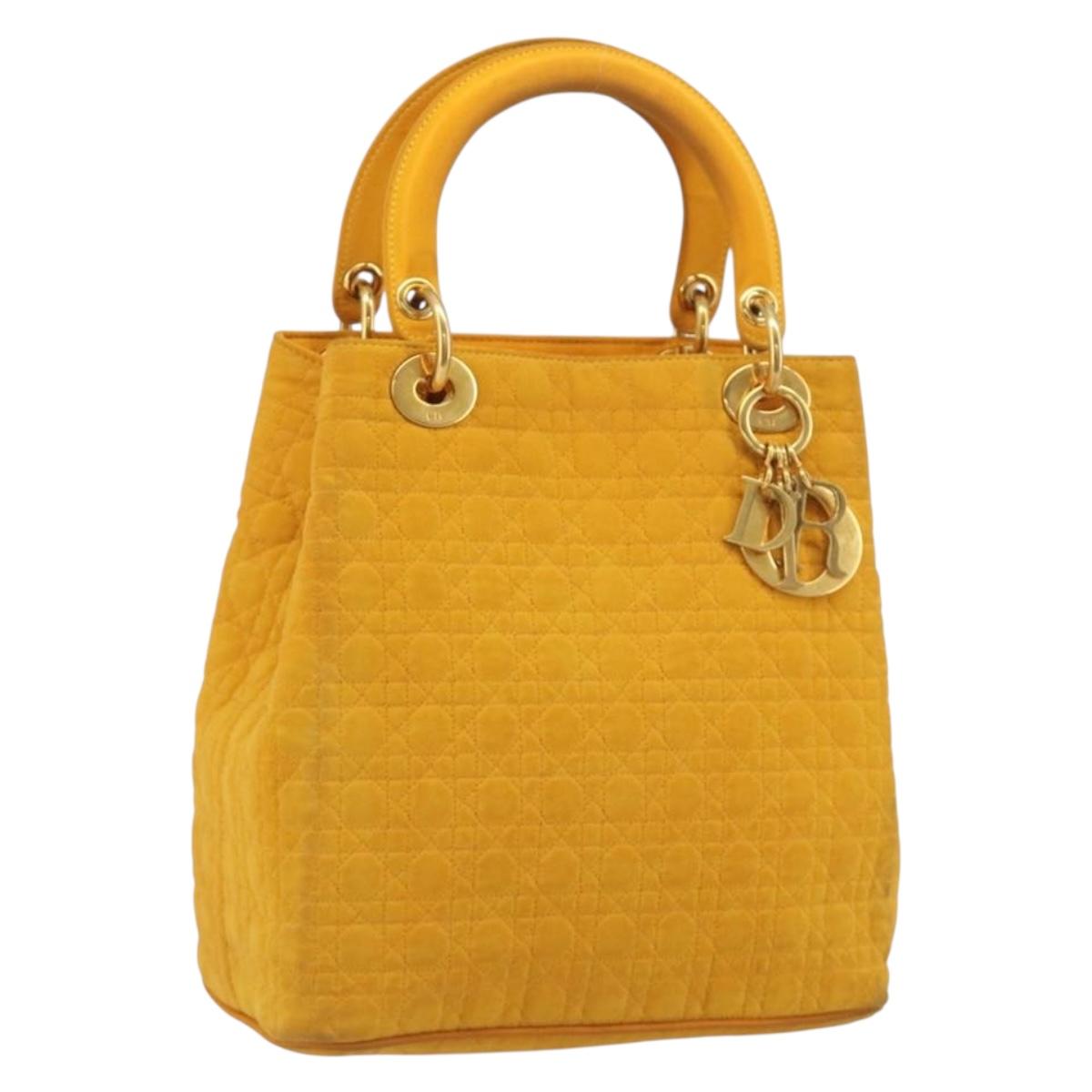 Christian Dior Lady Dior Hand Bag Canvas Yellow Gold Tone Auth BA14726