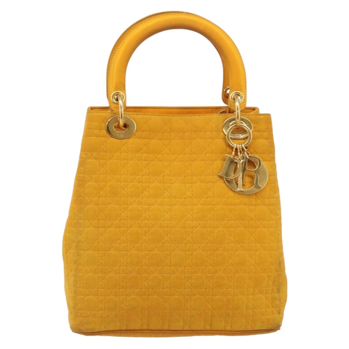 Christian Dior Lady Dior Hand Bag Canvas Yellow Gold Tone Auth BA14726