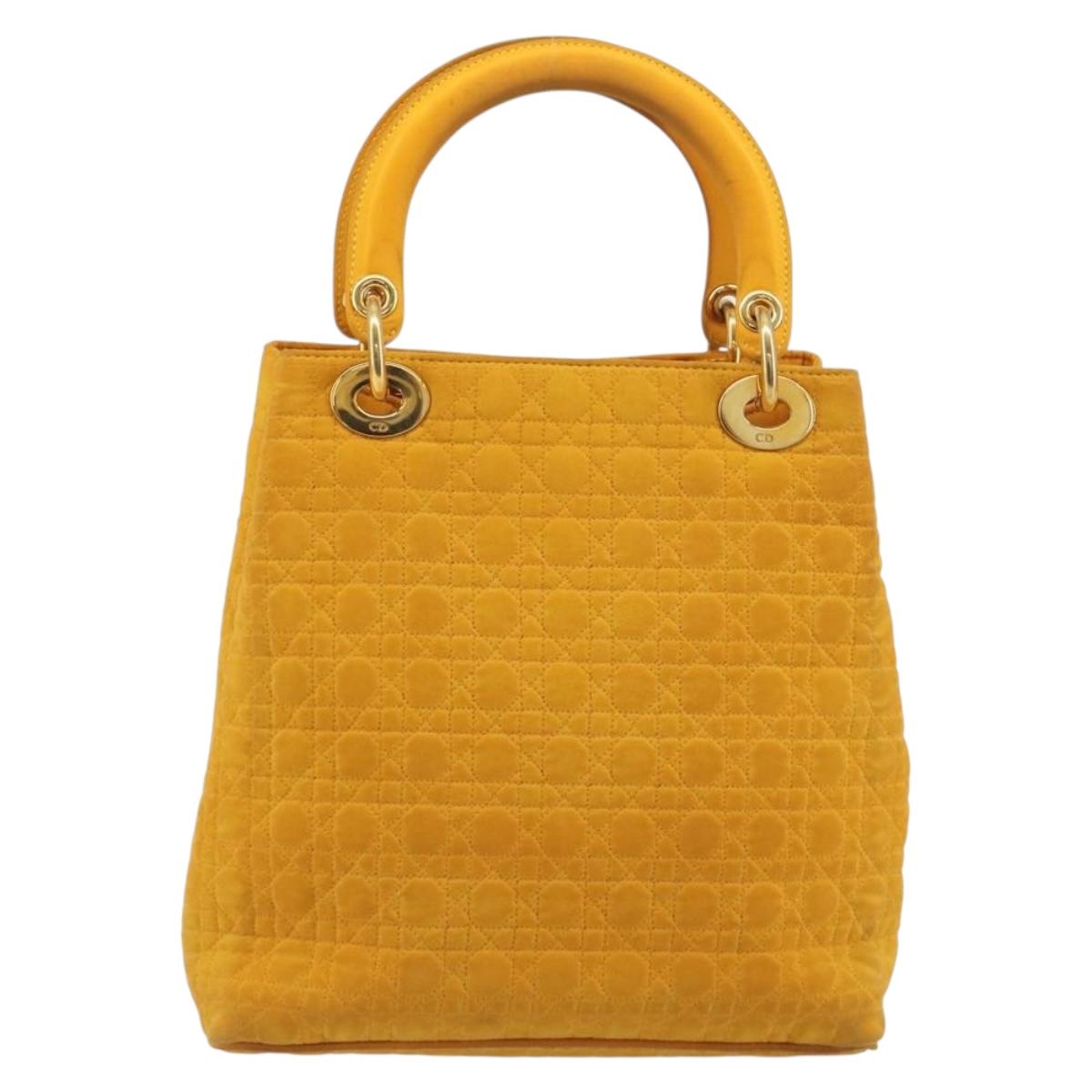 Christian Dior Lady Dior Hand Bag Canvas Yellow Gold Tone Auth BA14726