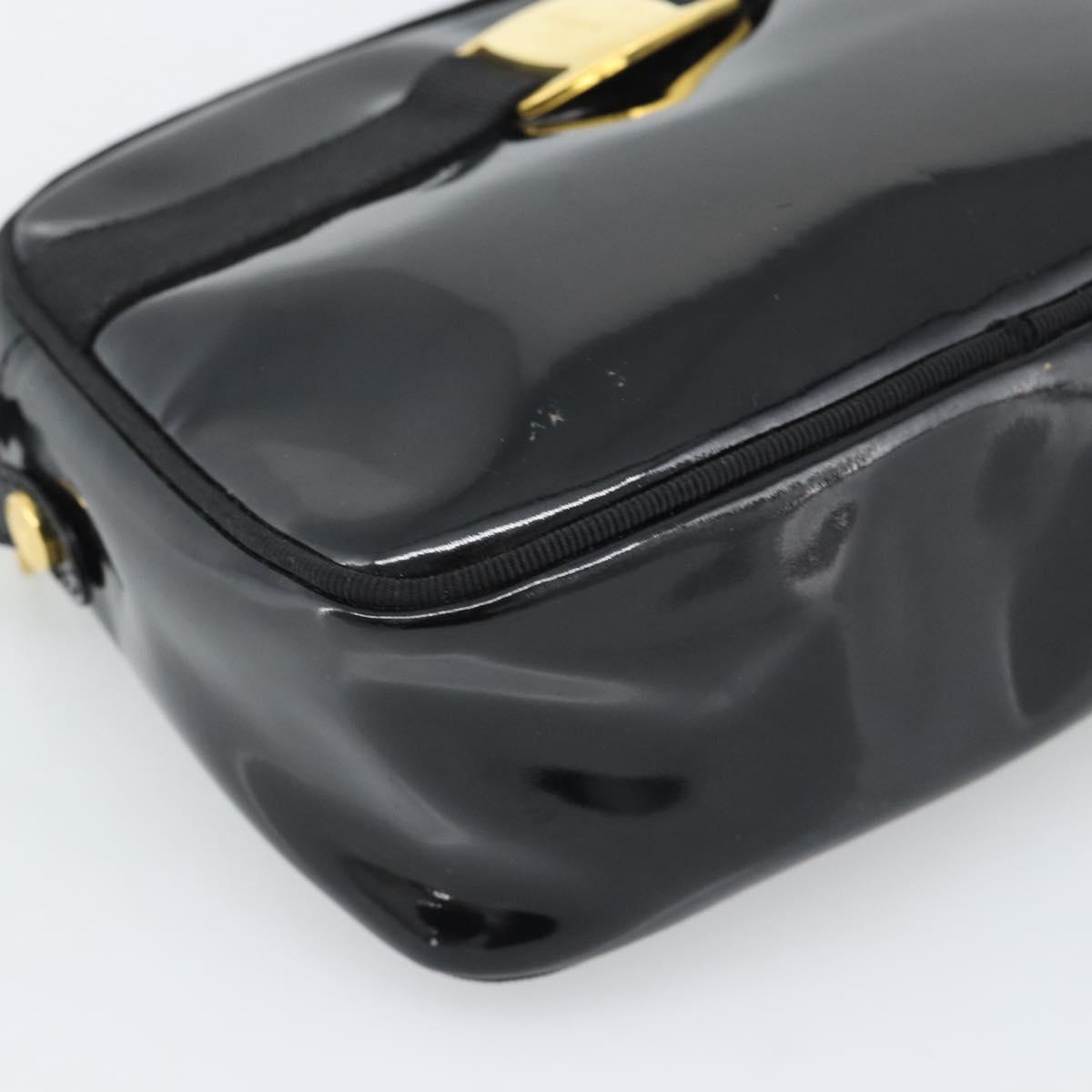 Salvatore Ferragamo Vala Shoulder Bag Patent Black Gold Tone Auth BA14727