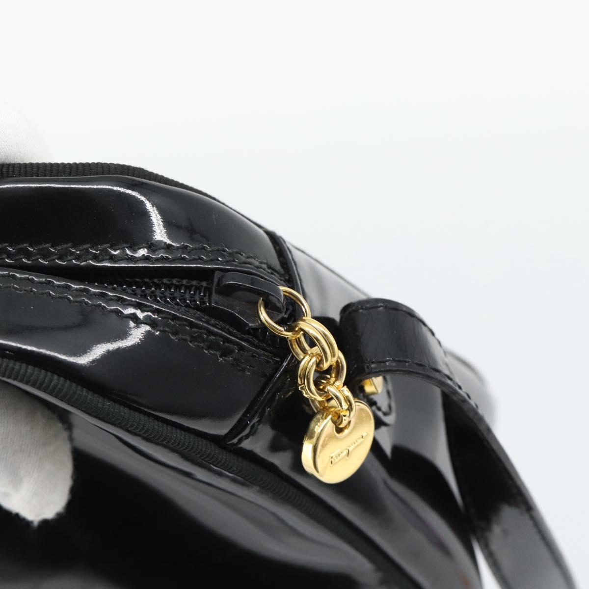 Salvatore Ferragamo Vala Shoulder Bag Patent Black Gold Tone Auth BA14727