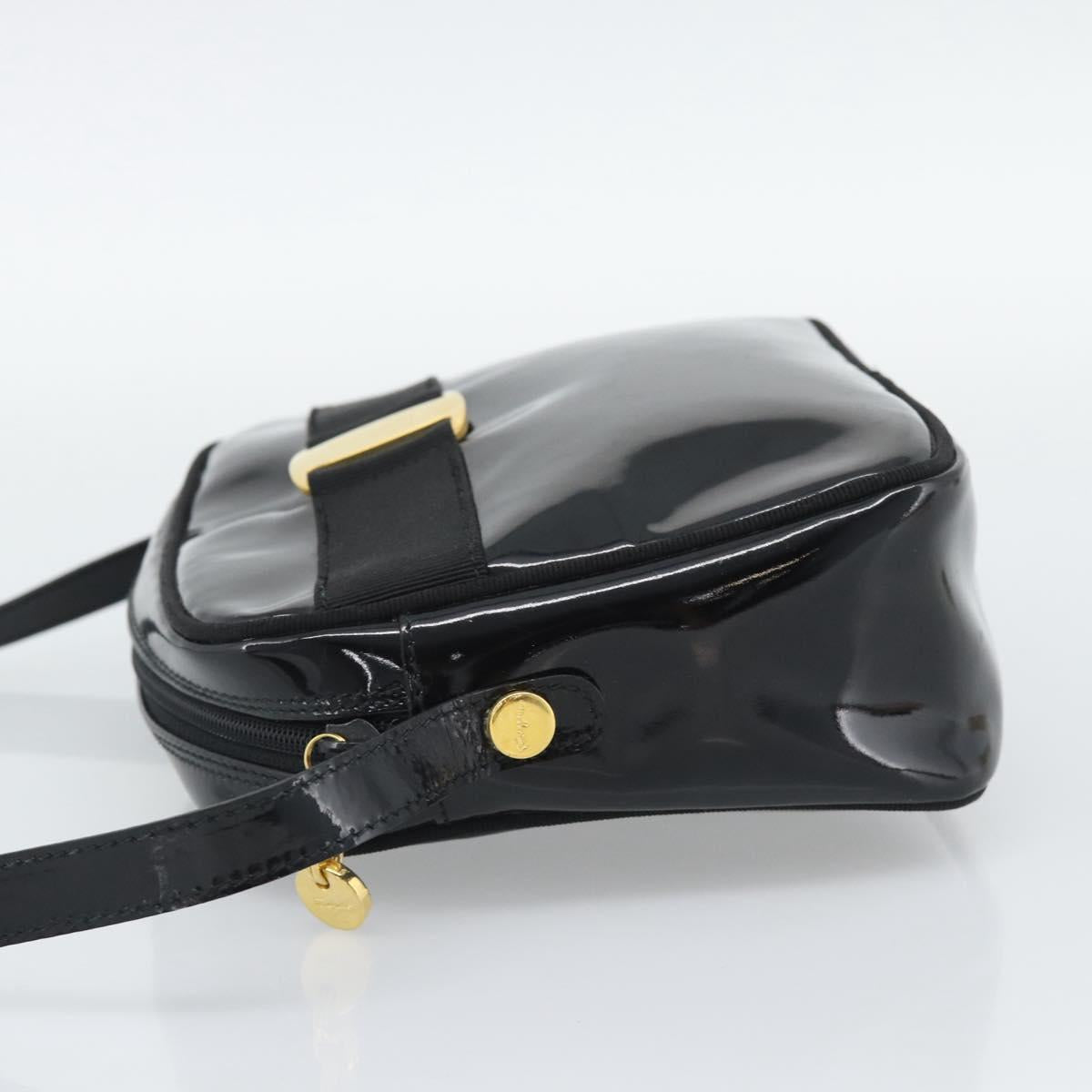 Salvatore Ferragamo Vala Shoulder Bag Patent Black Gold Tone Auth BA14727