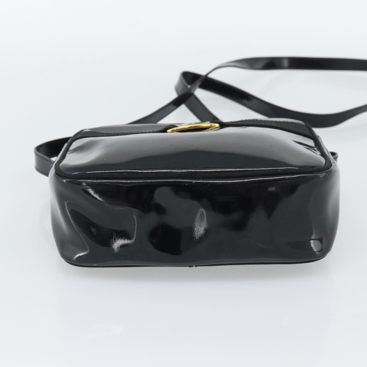 Salvatore Ferragamo Vala Shoulder Bag Patent Black Gold Tone Auth BA14727