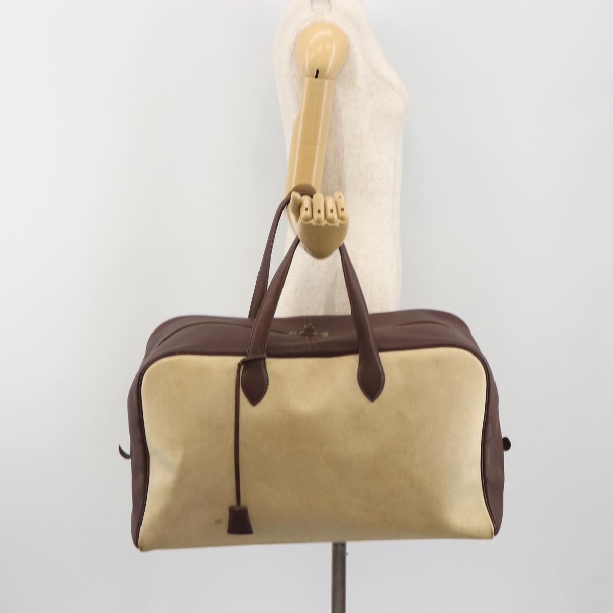 HERMES Victoria 50 Boston Bag Canvas Beige Brown Auth BA14733