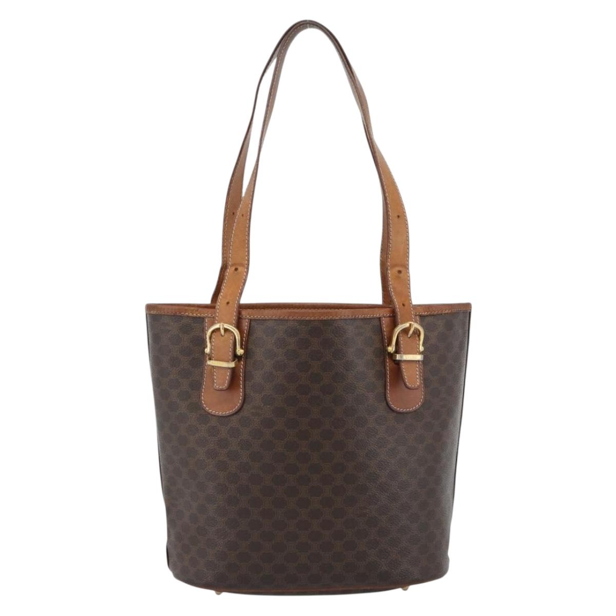 CELINE Macadam Tote Bag PVC Leather Brown Gold Tone Auth BA14737