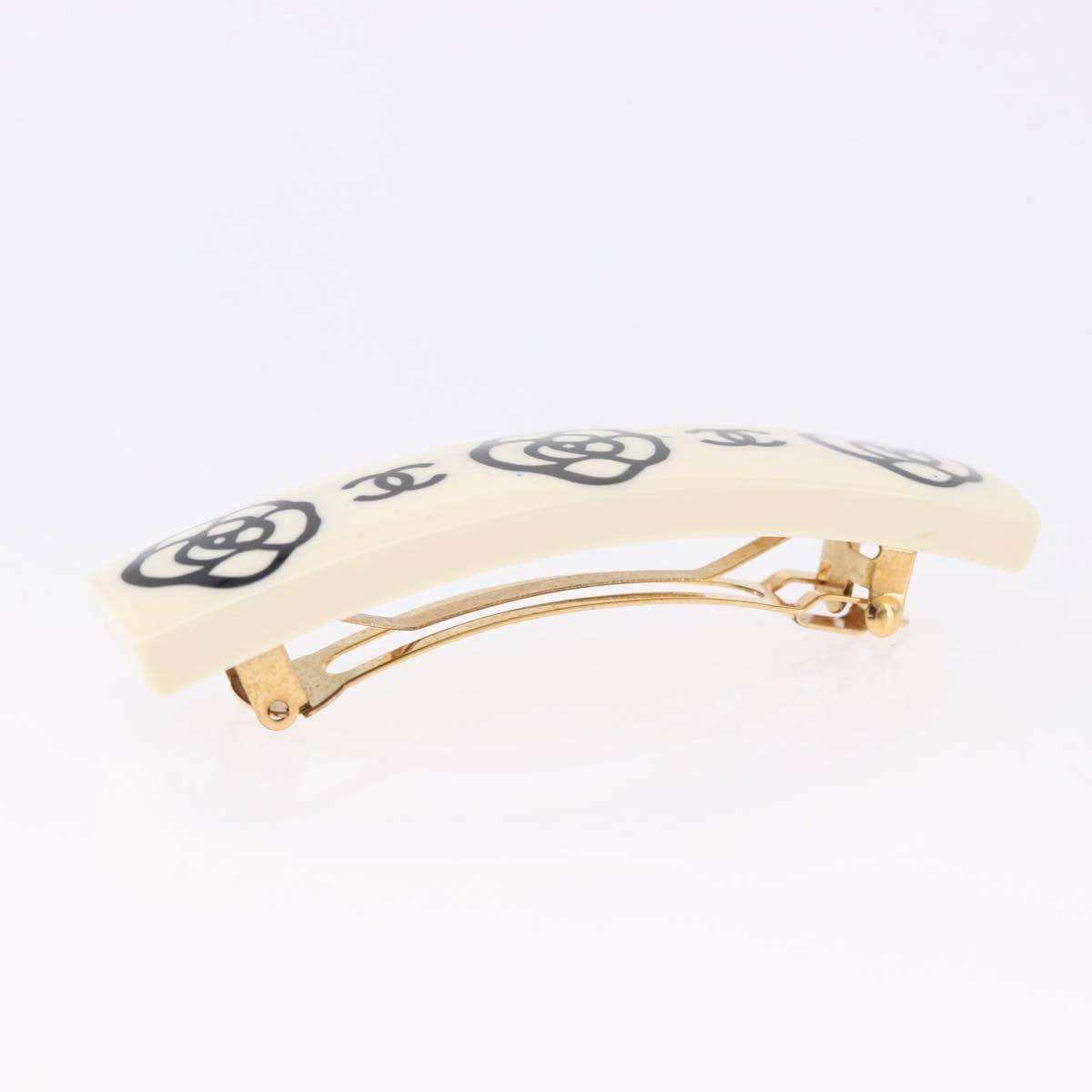CHANEL Camellia Barrette Hair Clip Plastic White Gold Tone CC Auth BA14745V