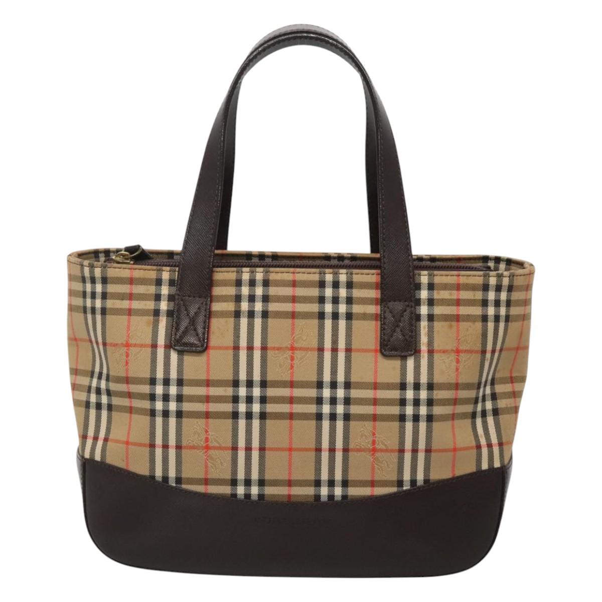 BURBERRY Nova Check Hand Bag Canvas Beige Gold Auth BA1476