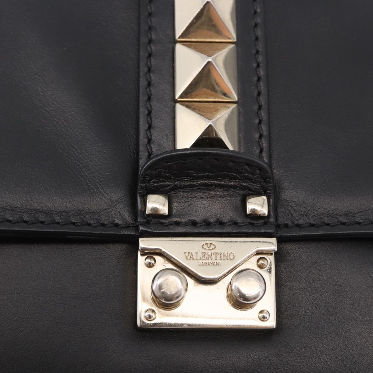 VALENTINO Studs Chain Shoulder Bag Leather Black Gold Tone Auth BA14768A