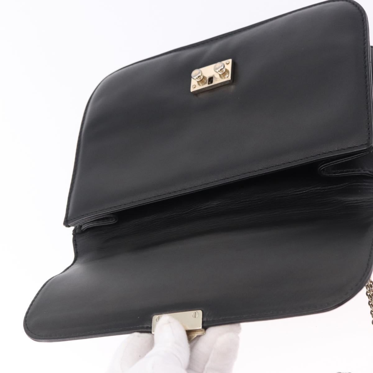 VALENTINO Studs Chain Shoulder Bag Leather Black Gold Tone Auth BA14768A