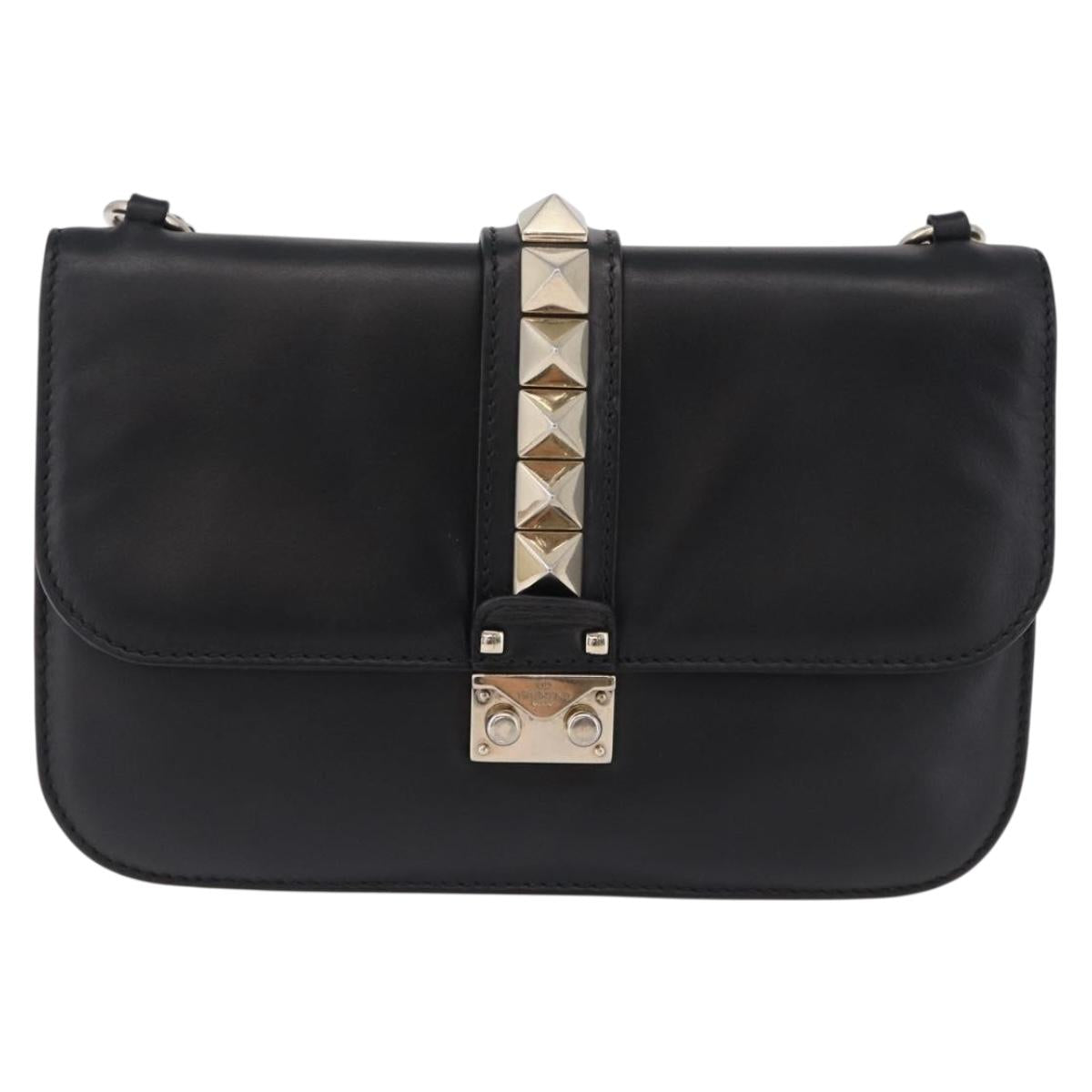 VALENTINO Studs Chain Shoulder Bag Leather Black Gold Tone Auth BA14768A