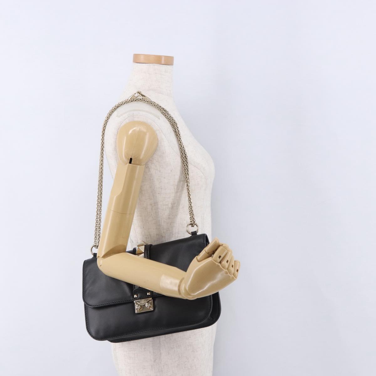 VALENTINO Studs Chain Shoulder Bag Leather Black Gold Tone Auth BA14768A