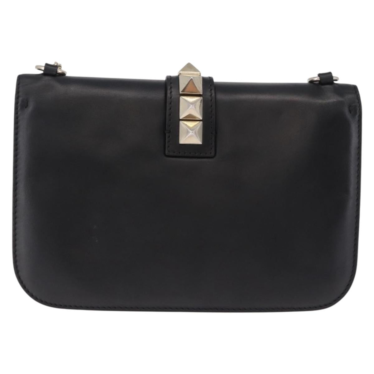 VALENTINO Studs Chain Shoulder Bag Leather Black Gold Tone Auth BA14768A