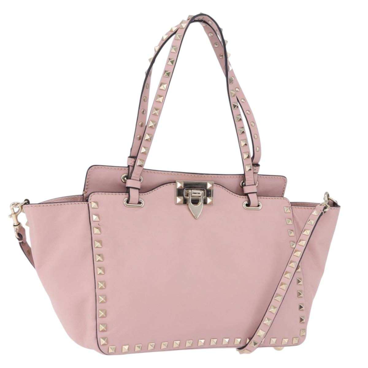VALENTINO Studs Tote Bag Leather 2way Pink Gold Tone Auth BA14769