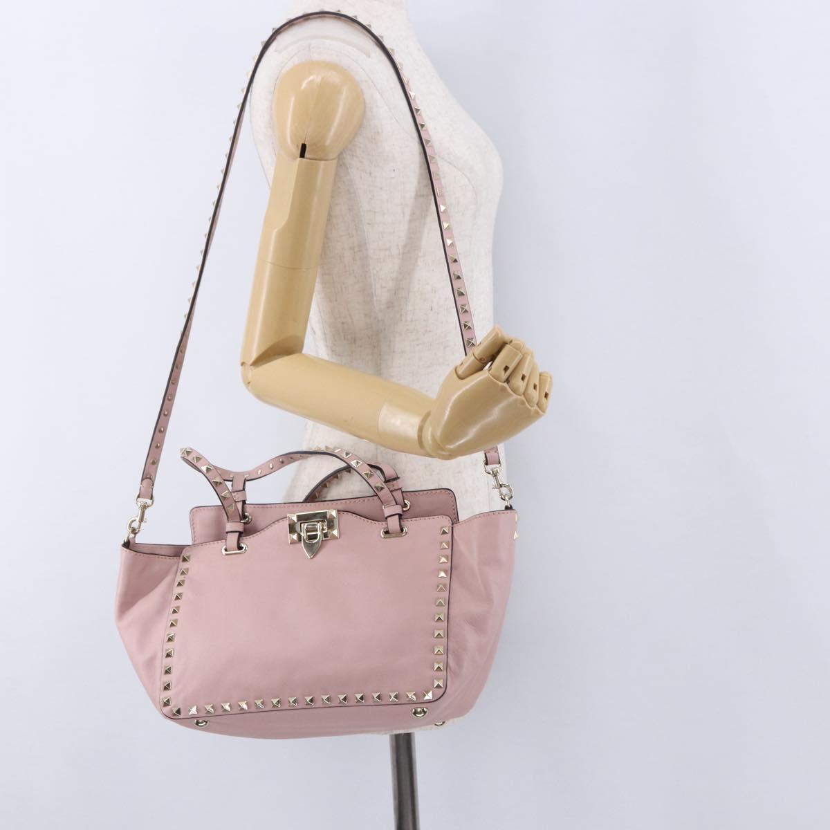 VALENTINO Studs Tote Bag Leather 2way Pink Gold Tone Auth BA14769