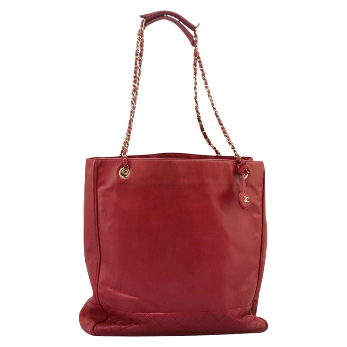 CHANEL Matelasse Chain Tote Bag Lamb Skin Gold Red CC Auth BA1477