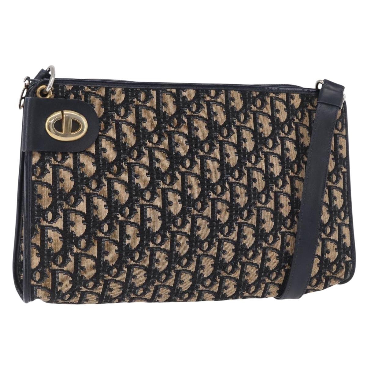 Christian Dior Trotter Canvas Shoulder Bag Navy Gold Tone Auth BA14771
