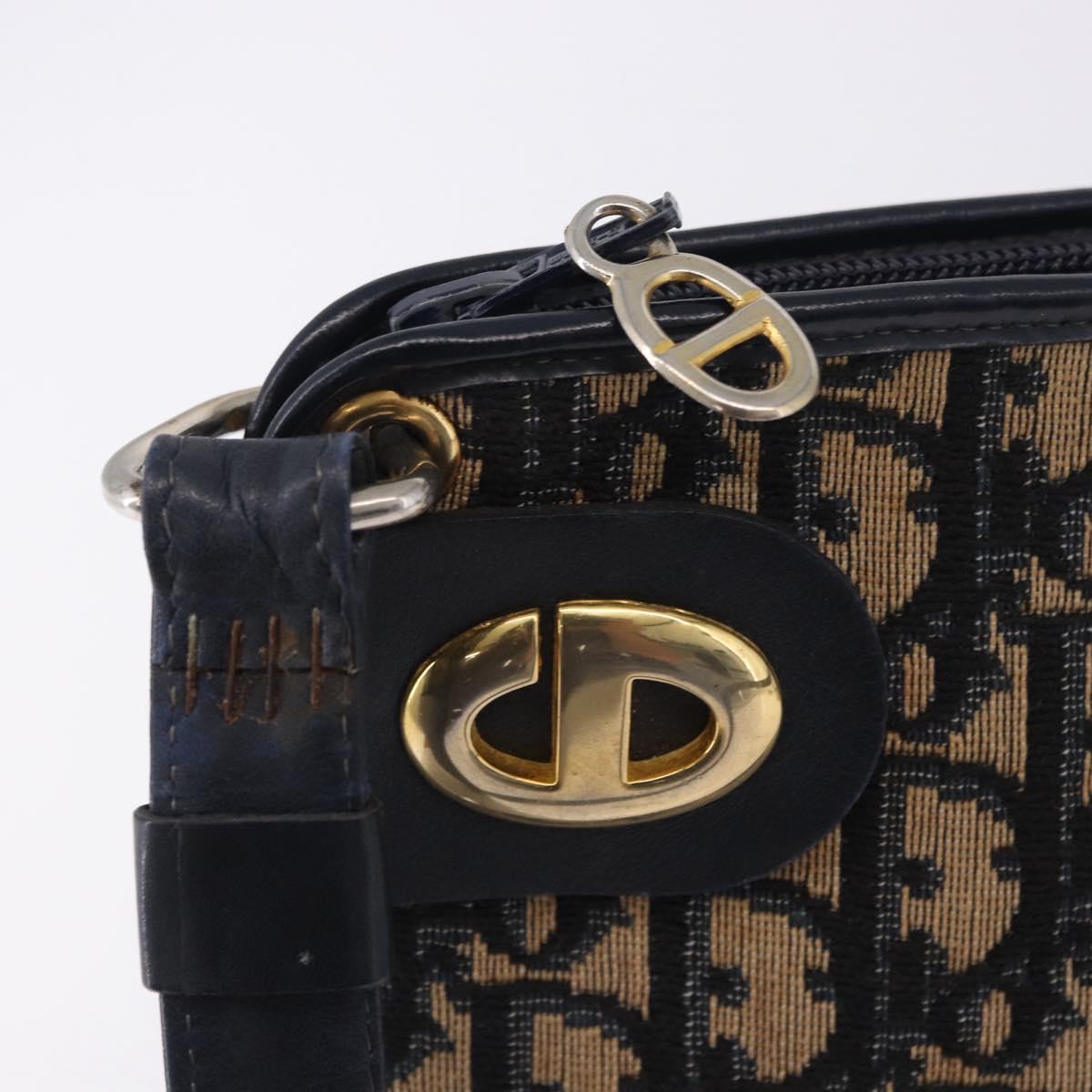 Christian Dior Trotter Canvas Shoulder Bag Navy Gold Tone Auth BA14771
