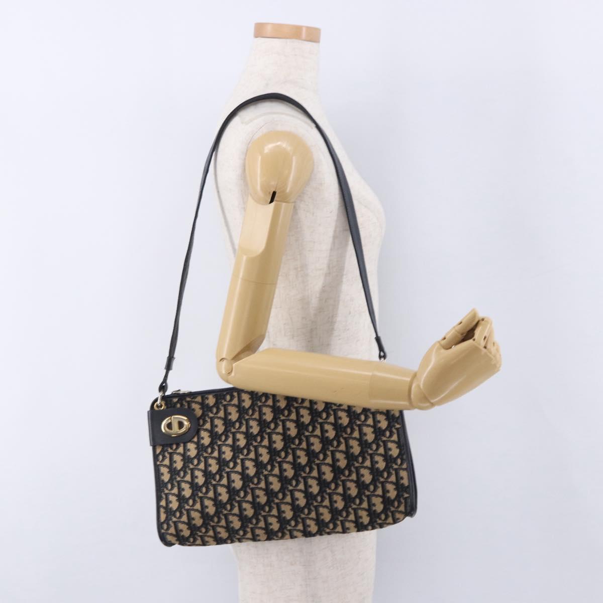 Christian Dior Trotter Canvas Shoulder Bag Navy Gold Tone Auth BA14771
