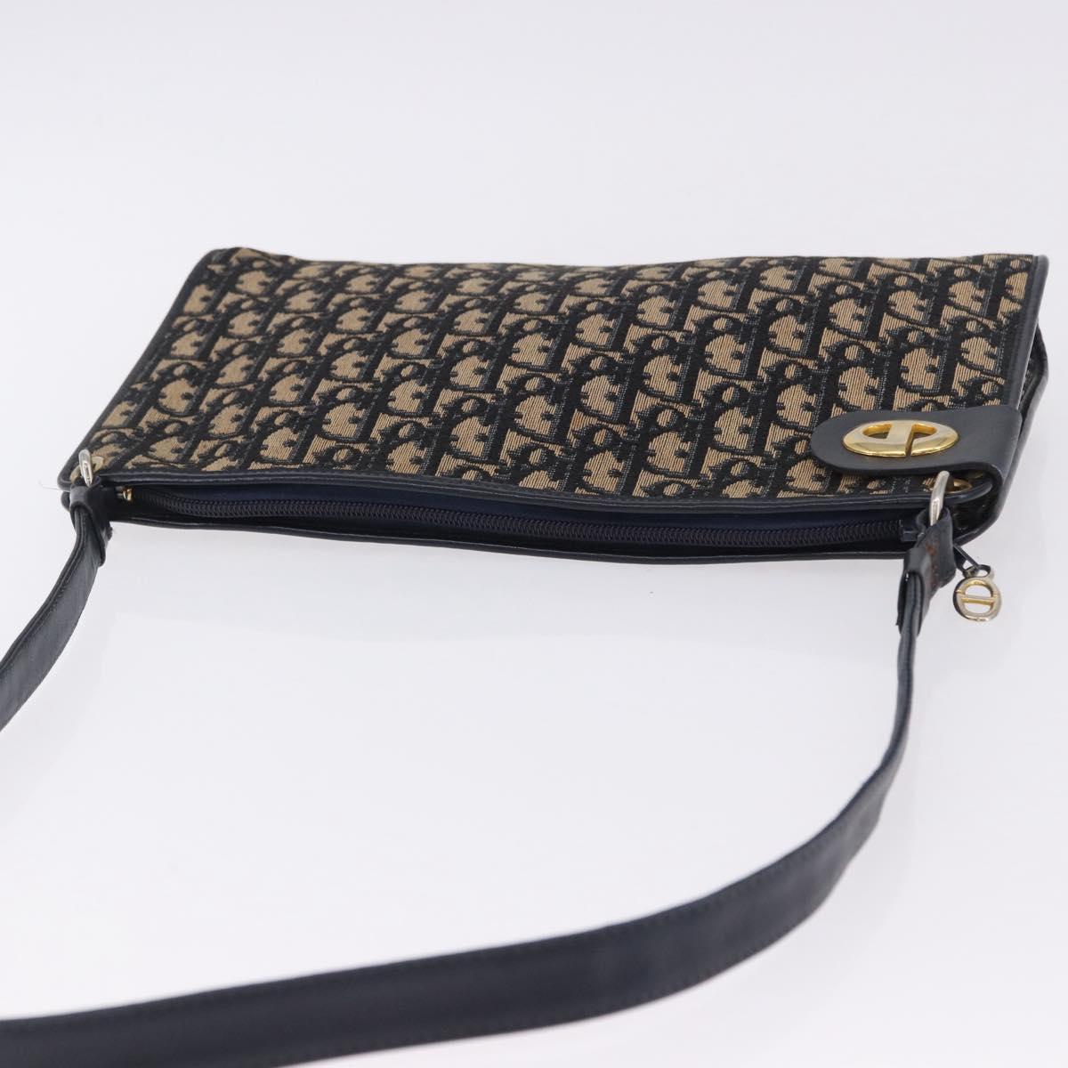 Christian Dior Trotter Canvas Shoulder Bag Navy Gold Tone Auth BA14771