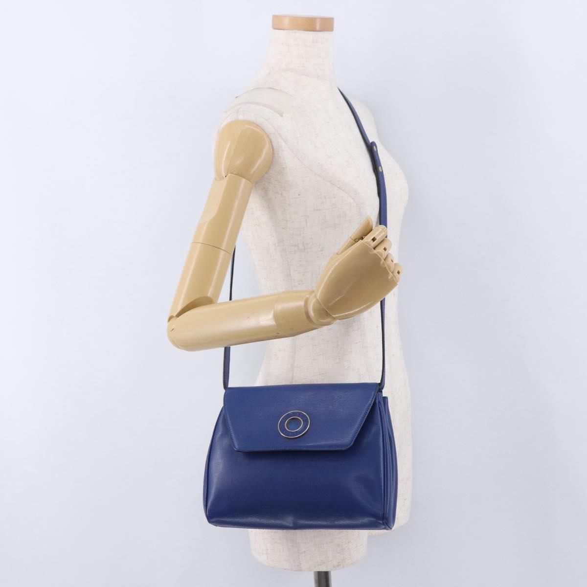 CELINE Circle Shoulder Bag Leather Blue Gold Tone Auth BA14777